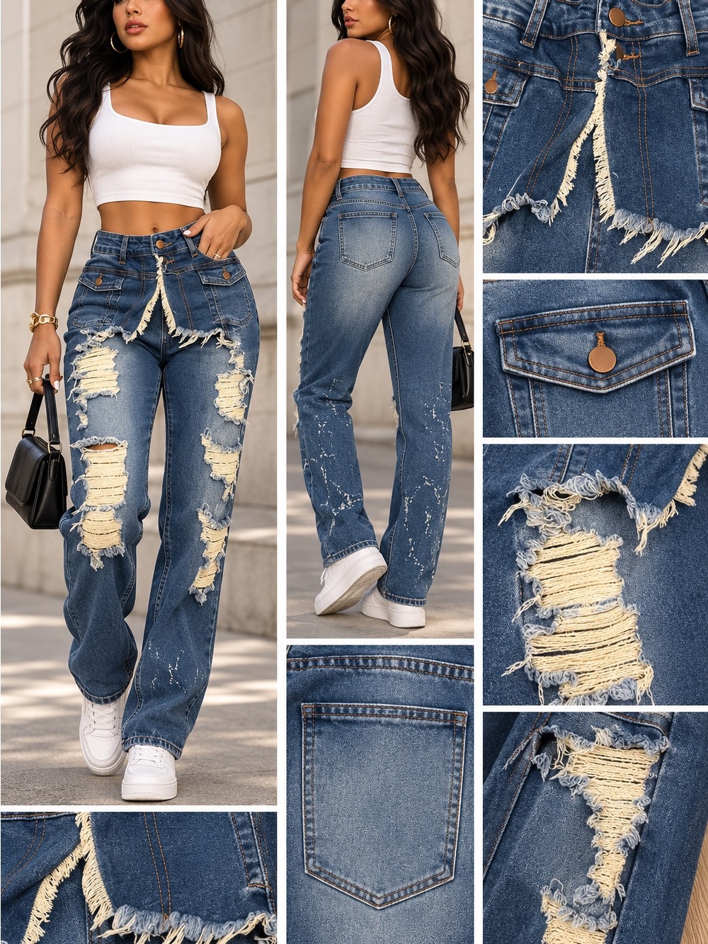 High-Rise Distressed Straight-Leg Jeans for Women - Dark Blue